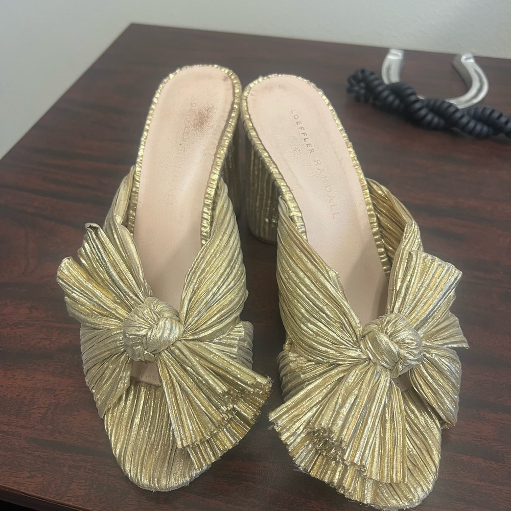 Loeffler Randall Metallic Gold Bow Mules